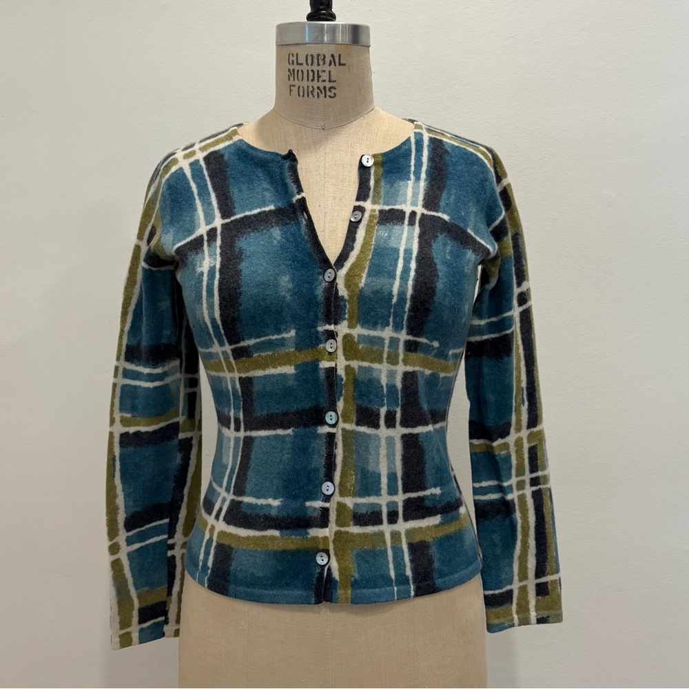 Susan Bristol Teal and Olive Plaid Cardigan